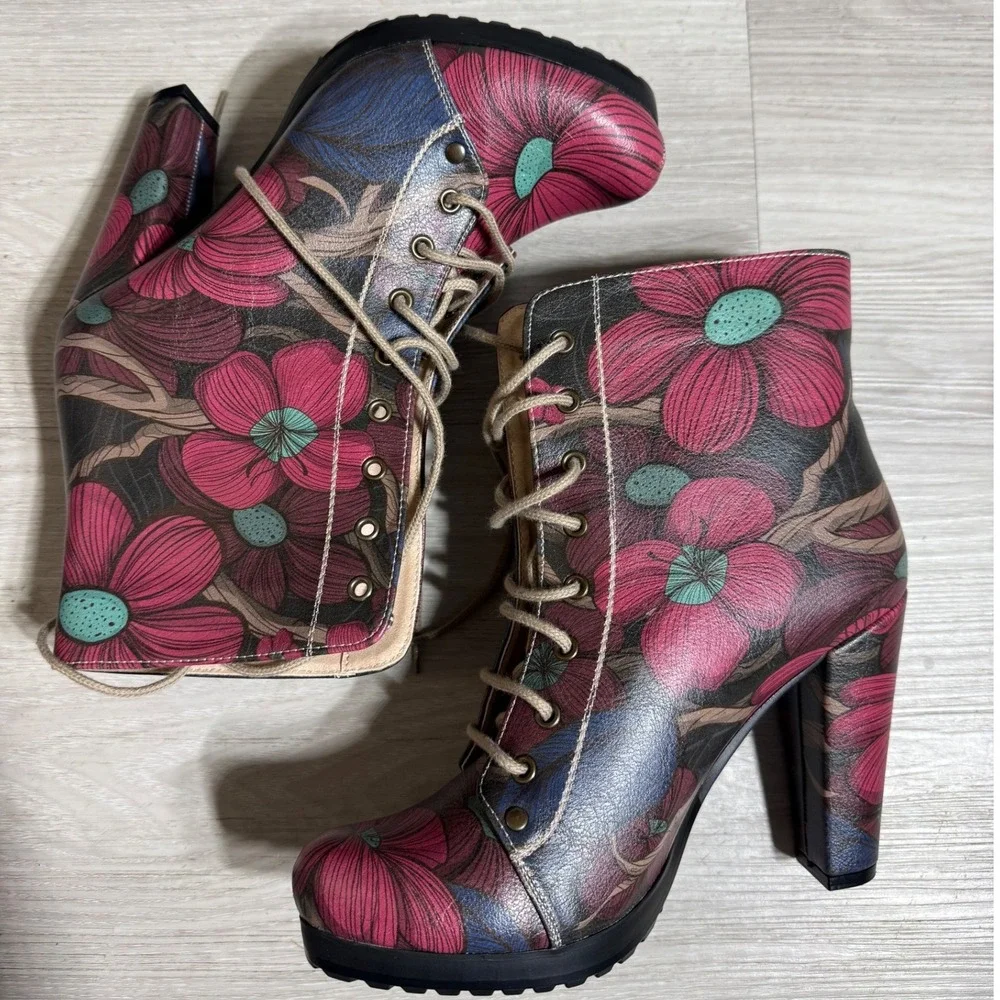DOGO Floral Lace Up Heeled Ankle Boots Pink Blue Vegan Leather Size 38